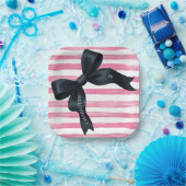 Assiettes En Carton Black Bow with Pink White Stripe Birthday (Fête)