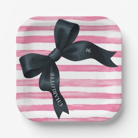 Assiettes En Carton Black Bow with Pink White Stripe Birthday (Recto)
