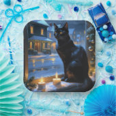 Assiettes En Carton Black Cat With Christmas Lights Holiday (Fête)