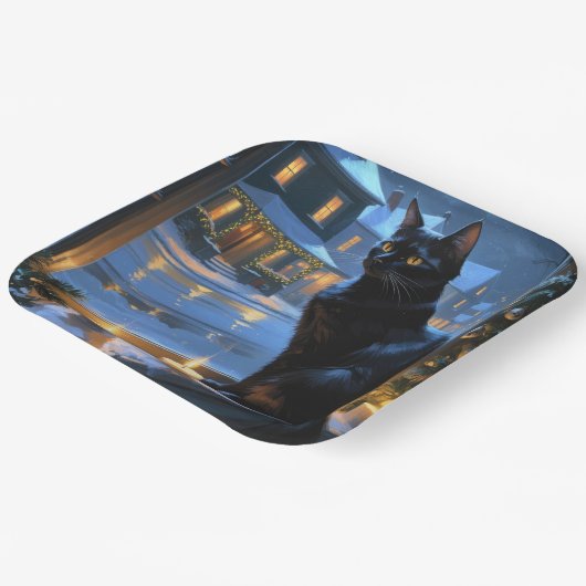 Assiettes En Carton Black Cat With Christmas Lights Holiday (Angulaire)