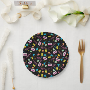 Assiettes En Carton Black Colorful 80's Retro Party thème