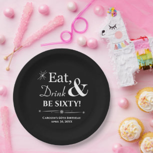 Assiettes En Carton Black Eat Drink & Be Sixty Retro 60e Anniversaire
