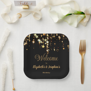 Assiettes En Carton Black élégant et or étoiles double joint anniversa