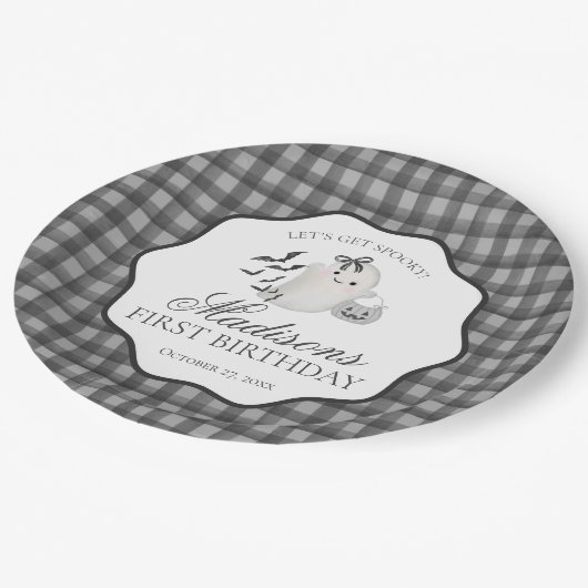 Assiettes En Carton Black Gingham Cute Little Boo Ghost Birthday Party (Angle)