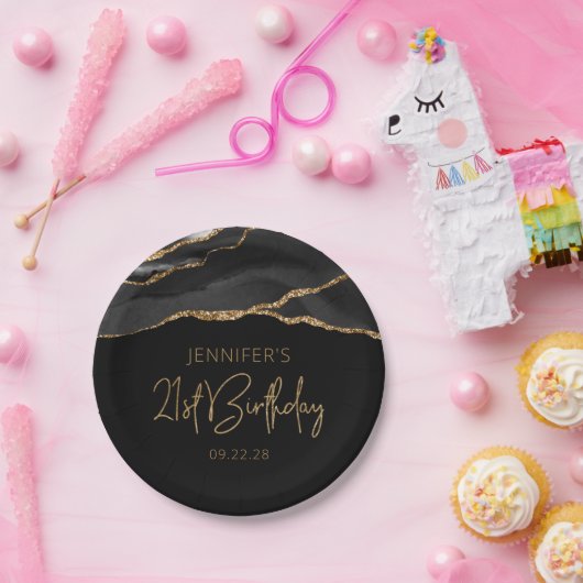 Assiettes En Carton Black Gold Agate Geode 21e fête d'anniversaire (Fête)