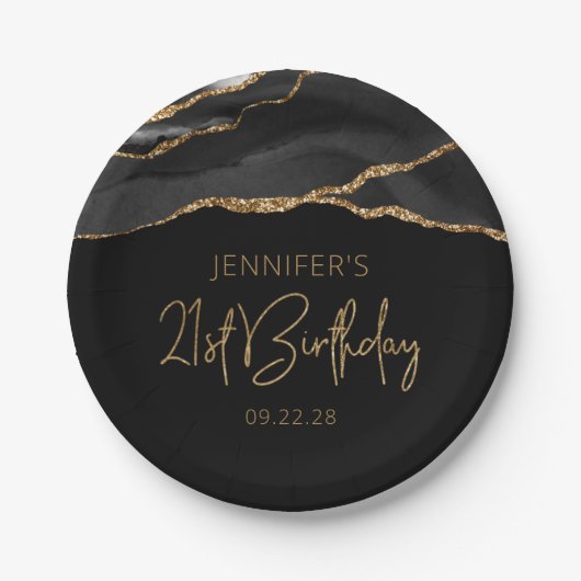 Assiettes En Carton Black Gold Agate Geode 21e fête d'anniversaire (Devant)