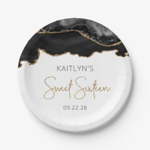 Assiettes En Carton Black Gold Agate Sweet 16 Anniversaire fête