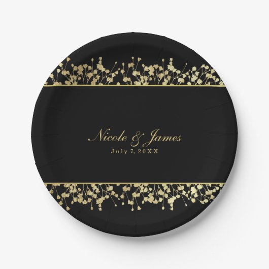 Assiettes En Carton Black & Gold Babys Respirer Plaques Mariages flora (Devant)