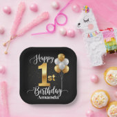 Assiettes En Carton Black Gold Balloons 1st Birthday Paper Plate (Fête)