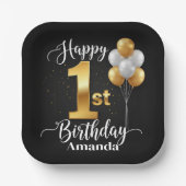 Assiettes En Carton Black Gold Balloons 1st Birthday Paper Plate (Recto)