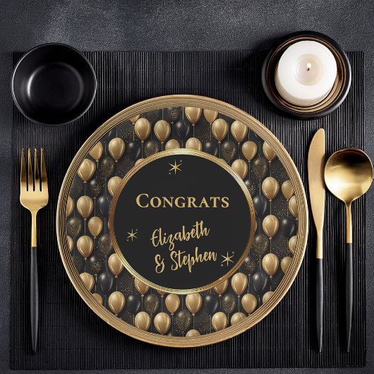 Assiettes En Carton Black | Gold Balloons Félicitations Noms
