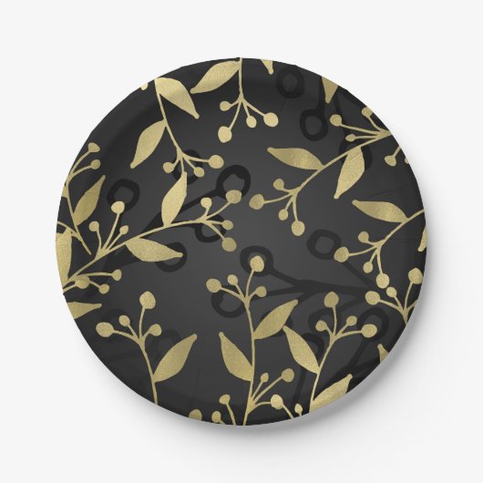 Assiettes En Carton Black Gold Botanical Moderne Rustique Branches Par (Devant)