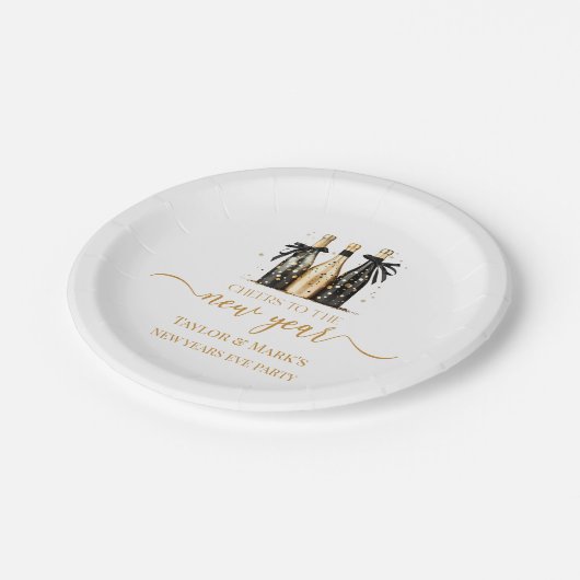 Assiettes En Carton Black Gold Champagne Cheers New Years Eve Party (Angle)