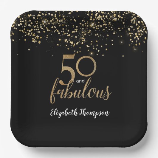 Assiettes En Carton Black Gold Confetti 50 et fabuleux 50e anniversair (Recto)