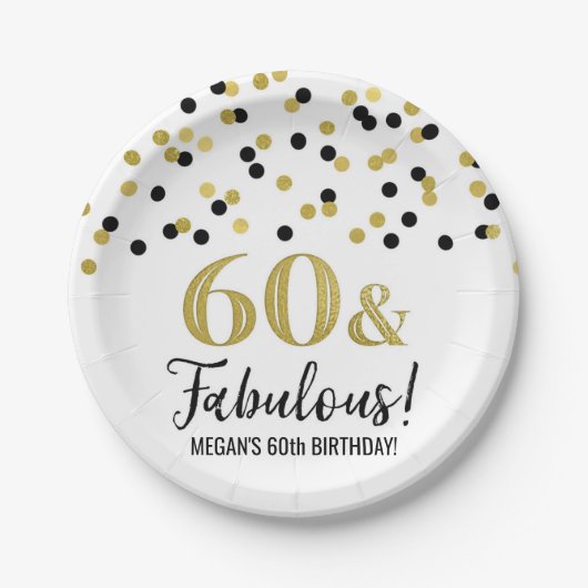 Assiettes En Carton Black Gold Confetti 60 et Fabuleux anniversaire (Devant)