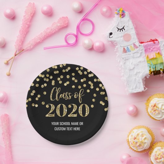Assiettes En Carton Black Gold Confetti Graduation 2020 (Fête)
