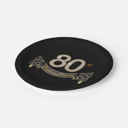 Assiettes En Carton Black Gold Diamond 80e fête d'anniversaire (Angle)