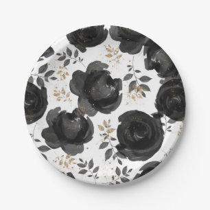 Assiettes En Carton Black Gold Floral Glam Feuille Mariage