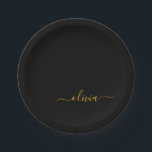Assiettes En Carton Black Gold Girl Script Monogramme Nom Moderne<br><div class="desc">Monogramme or et noir Ajoutez votre propre nom Plaques de partie de script. Cela rend le cadeau parfait pour 16 ans,  mariage,  douche nuptiale,  anniversaire,  baby shower ou bachelorette pour quelqu'un qui aime le luxe glam et les styles chic.</div>