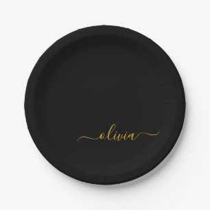 Assiettes En Carton Black Gold Girl Script Monogramme Nom Moderne