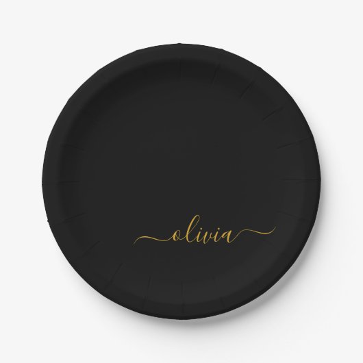 Assiettes En Carton Black Gold Girl Script Monogramme Nom Moderne (Devant)