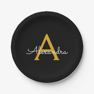 Assiettes En Carton Black Gold Girl Script Monogramme Nom Moderne