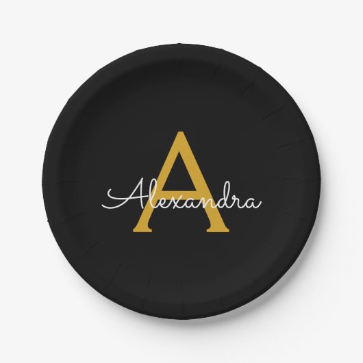 Assiettes En Carton Black Gold Girl Script Monogramme Nom Moderne (Devant)