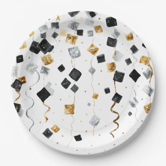 Assiettes En Carton Black Gold Happy New Year Confetti (Devant)