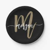 Assiettes En Carton Black Gold Modern Script Girl Monogramme Nom (Devant)