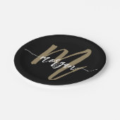 Assiettes En Carton Black Gold Modern Script Girl Monogramme Nom (Angle)