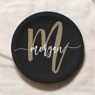Assiettes En Carton Black Gold Modern Script Girl Monogramme Nom