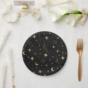 Assiettes En Carton Black & Gold Moderne Lune Céleste Étoiles Mariage