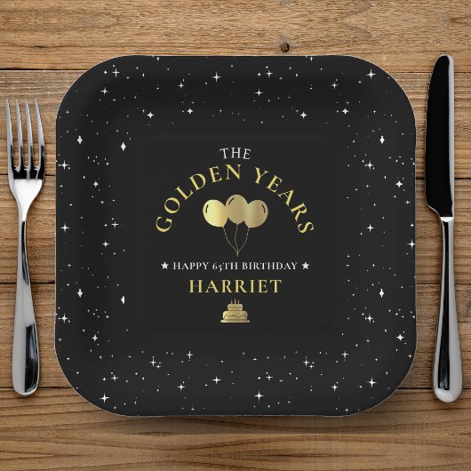 Assiettes En Carton Black & Gold Star Golden Years 65e anniversaire