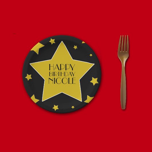 Assiettes En Carton Black Gold Stars Hollywood Nom de l'anniversaire