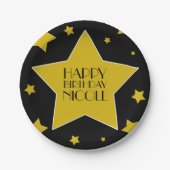 Assiettes En Carton Black Gold Stars Hollywood Nom de l'anniversaire (Devant)