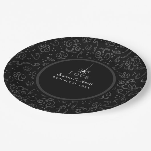 Assiettes En Carton Black Grey & White Halloween Spider LOVE Mariage (Angle)