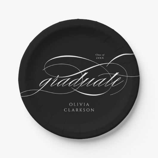 Assiettes En Carton Black Modern Elegant Script Photo Graduation Party (Devant)
