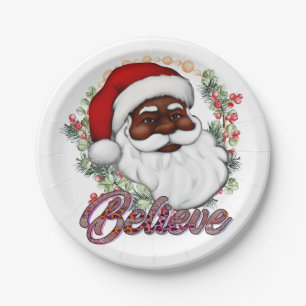 Assiettes En Carton Black Père Noël Believe Melanin Man Christmas Chev