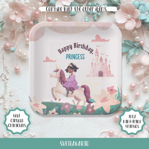 Assiettes En Carton Black Princess Riding Unicorn Carré Plaque en papi
