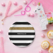 Assiettes En Carton Black Stripes FAUX Gold Glitz et Nom (Fête)