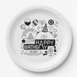 Assiettes En Carton Black & White Celebration Joyeux Anniversaire