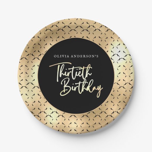 Assiettes En Carton Black White et Gold Script 30e fête d'anniversaire (Devant)