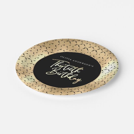 Assiettes En Carton Black White et Gold Script 30e fête d'anniversaire (Angle)