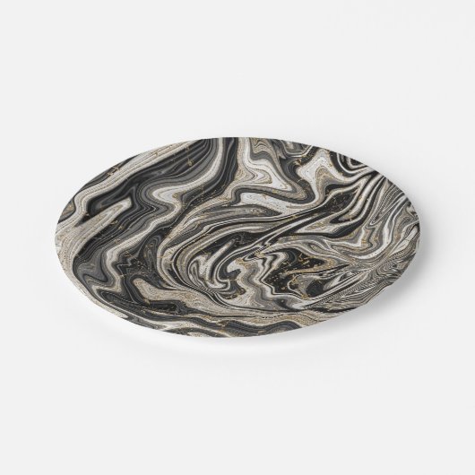 Assiettes En Carton Black White & Gold Chic Swirl Mariage moderne (Angle)