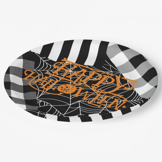 Assiettes En Carton Black & White Spiderweb Patchwork Halloween Party (Angle)