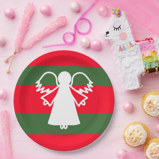 Assiettes En Carton Blanc Ange Ailes Rouge Foncé Vert Stripes Vacances (Fête)