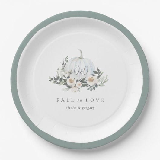 Assiettes En Carton Blanc Automne Citrouille verdure "Fall in Love" (Devant)