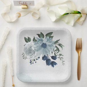 Assiettes En Carton blanc & bleu mariage fleuri
