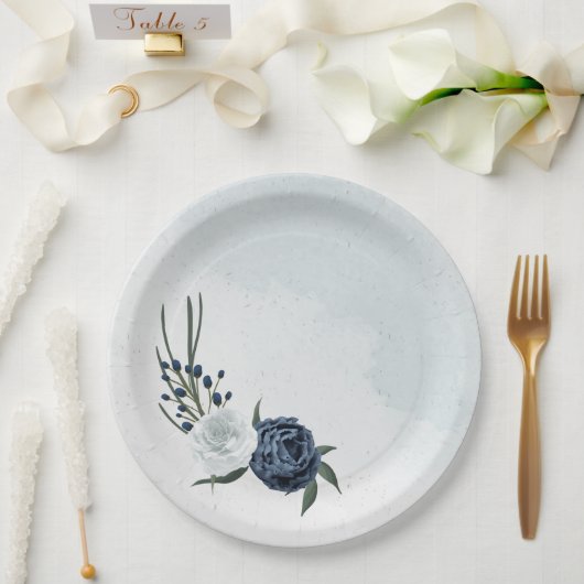 Assiettes En Carton blanc & bleu mariage fleuri (Mariage)