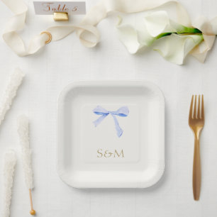 Assiettes En Carton Blanc   Dusty Blue Watercolor Mariage de ruban